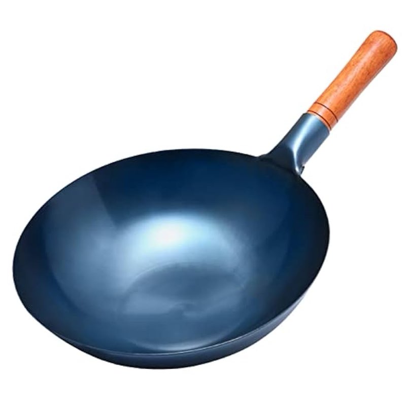 handhammered iron wok, round bottom cast iron woks and stir fry pans with wooden handle, no coating non-stick pot for kitchen cooking,36cm ()