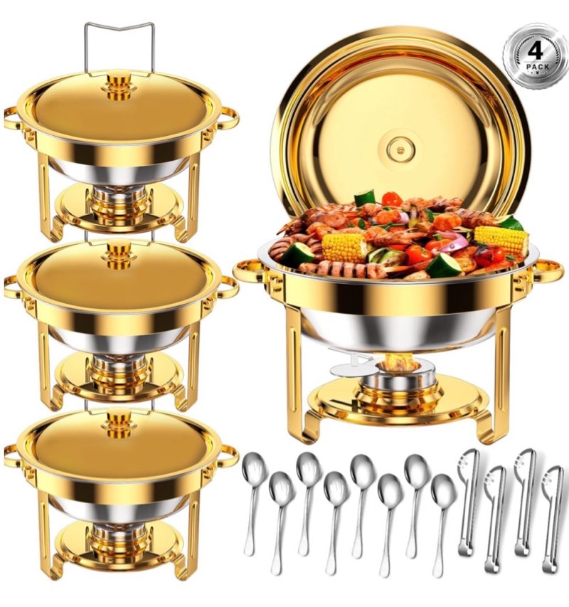 Round Chafing Dishes for Buffet 5 Qt,High Grade Chafing Dish Buffet Set with Stainless Steel Lid & Lid Holder,Full Size Pan,Food Warmers for Parties,Buffet,Wedding, Birthday 4 Pack (Silver) 5 QT-4 pack Silver