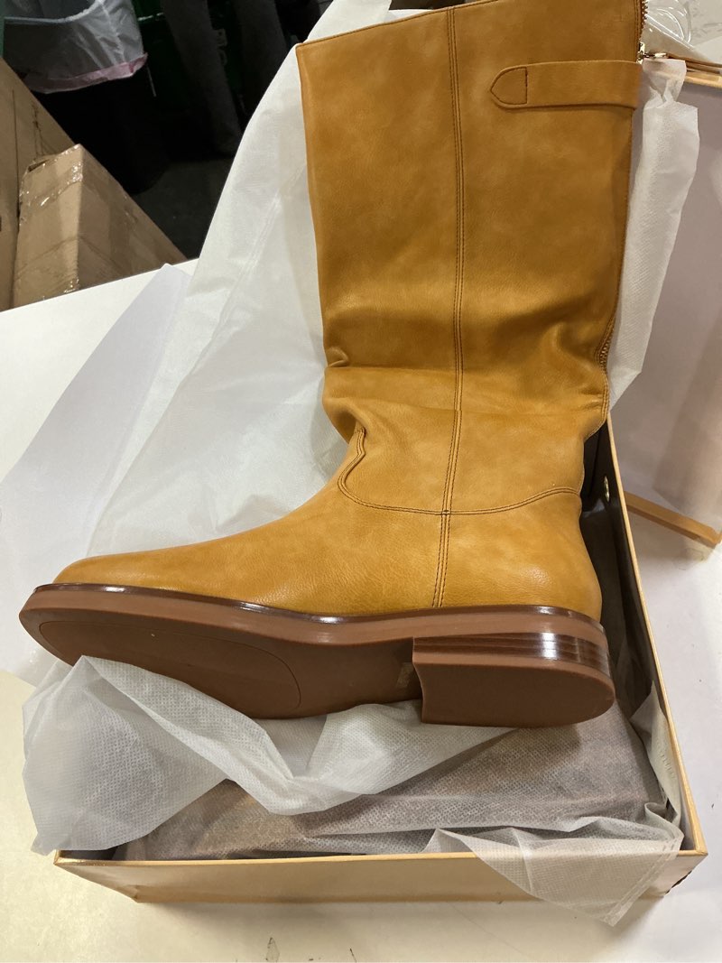 Condition photo showing New/Like New for women's knee high boots chunky heel square toe tall boots for women low heel back zipper boots size 6 banana-yellow