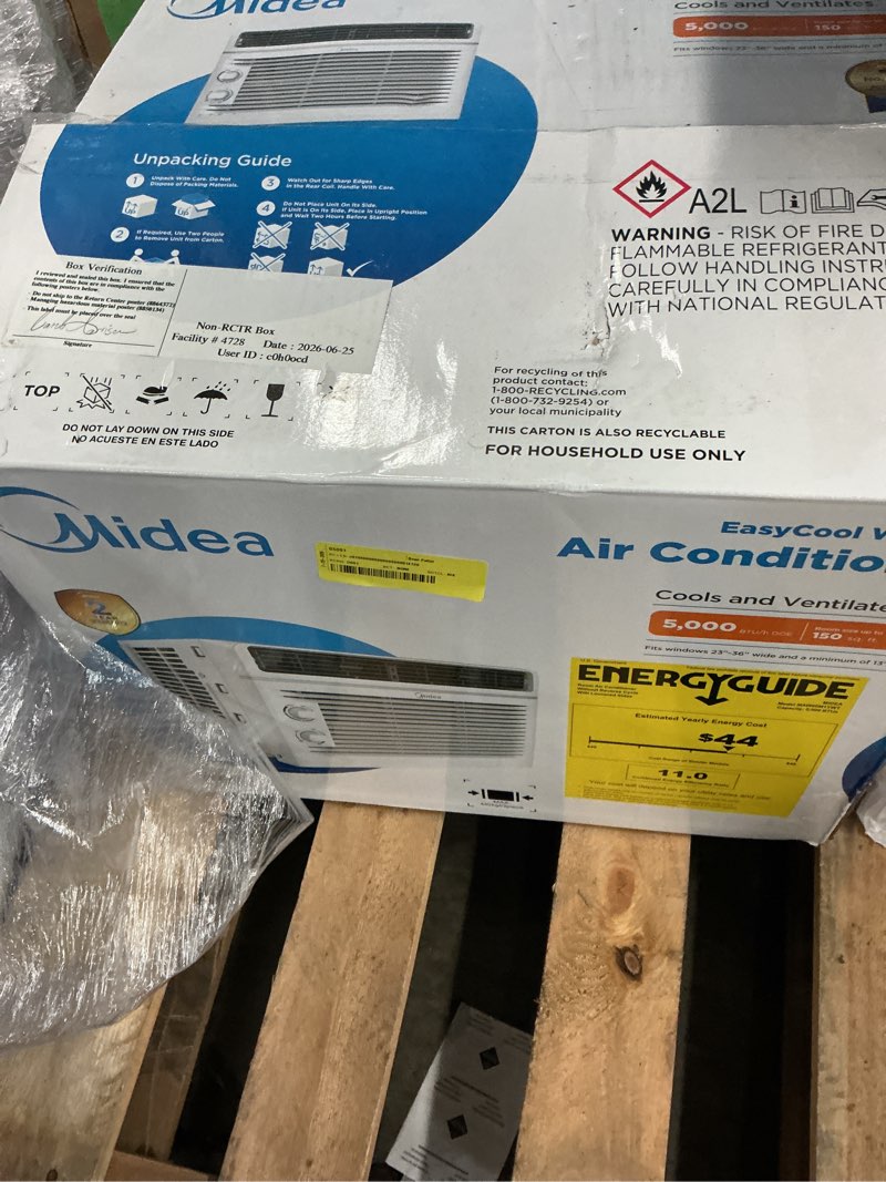 Condition photo showing As Is for midea 5,000 btu room window air conditioner, mechanical control, doe, for spaces up to 150 sq. ft., maw05m1ywt