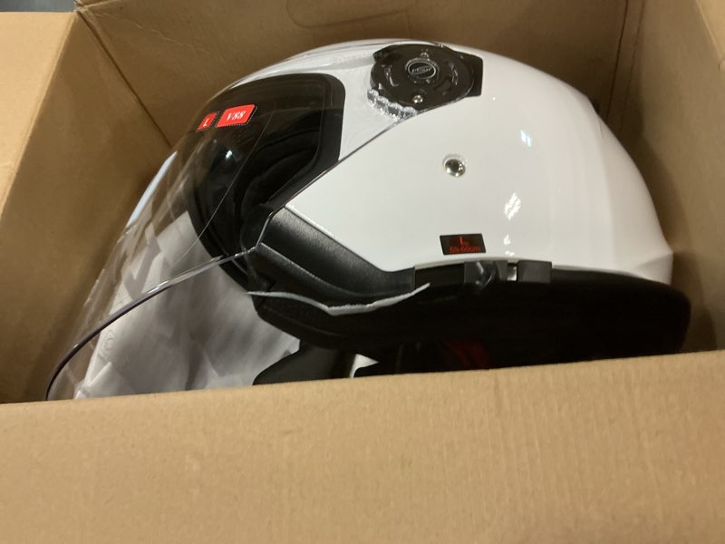 Condition photo showing New/Like New for vcan v88 3/4 open face motorcycle scooter helmet ece & dot approved gloss white large