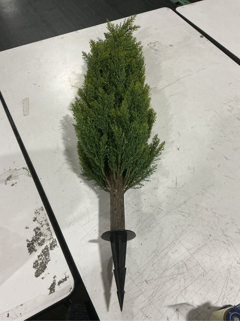 Condition photo showing Good Condition for 3ft artificial cedar topiary trees with ground spike, outdoors fake cypress shrubs trees set of 2 faux boxwood topiaries bushes evergreen plants for home front porch decor (36 inch)