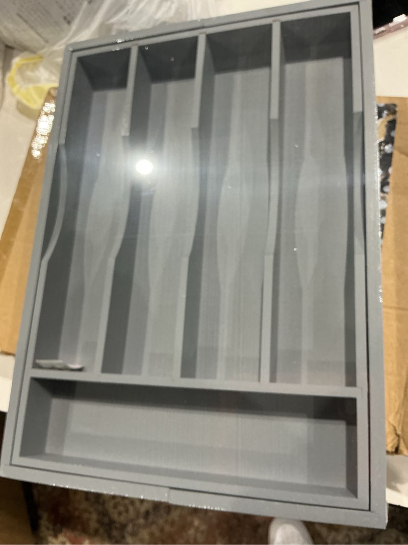 Condition photo showing Good Condition for expandable bamboo kitchen drawer organizer for cutlery and utensils, adjustable bamboo wood cutlery tray in drawer for flatware and silverware in kitchen, (grey) 7 slots expandable grey