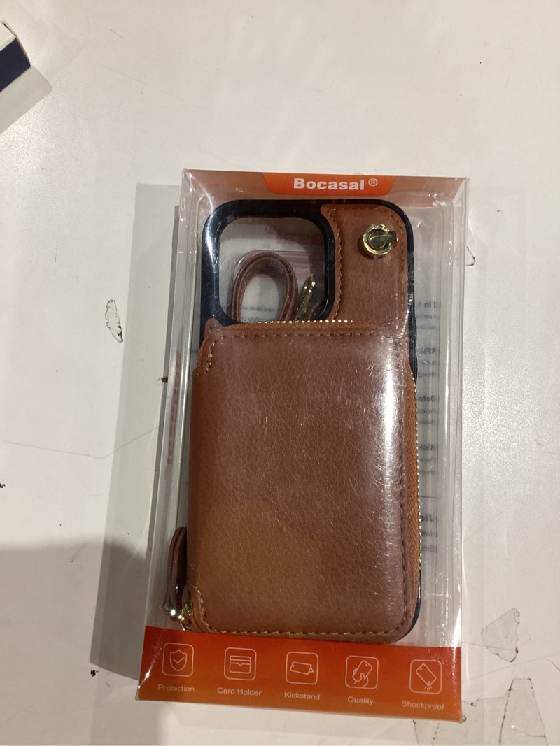 Condition photo showing As Is for Bocasal Crossbody Wallet Case for iPhone 14 Pro, RFID Blocking Leather Purse Case with Card Holder, Protective Handbag Flip Cover with Slots Zipper Wrist Strap Lanyard for Women 5G 6.1 Inch (Brown)
