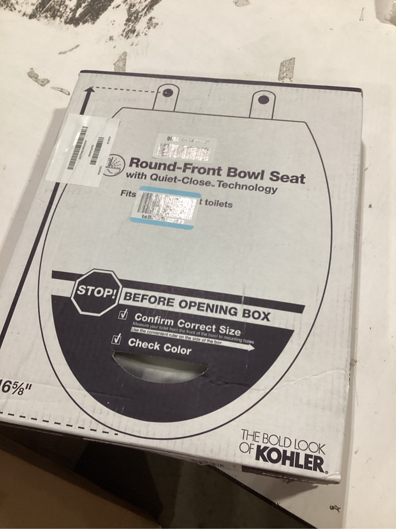 Condition photo showing New/Like New for kohler stonewood quiet-close, round toilet seat soft close, durable wood, easy installation, universal fit, home essentials, white finish, k-20467-0 white round double-hinge