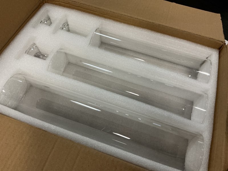 Condition photo showing Good Condition for Glasseam Hurricane Taper Candle Holders: Set of 3 Glass Candlestick Holders with Clear Tall Cylinder Candle Sleeves for Centerpiece Table Outdoor Wedding Home Decor 9.84''/11.84''/13.78''