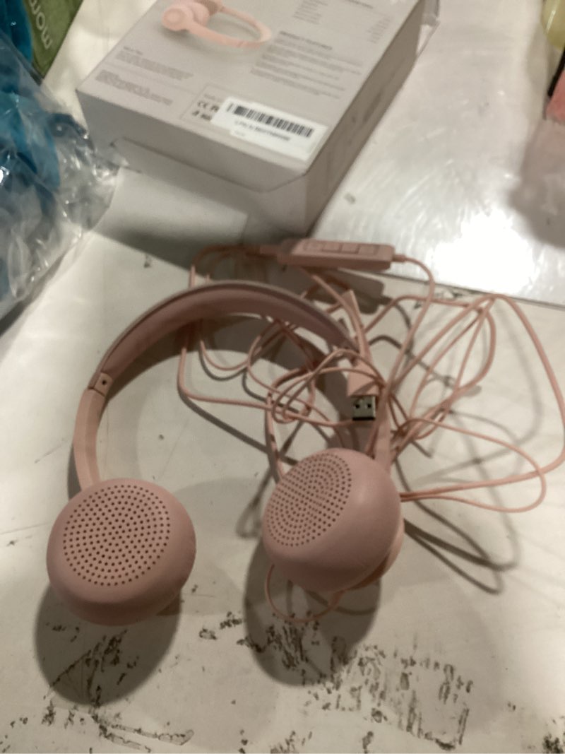 Condition photo showing Good Condition for usb headset with microphone for pc, on-ear computer laptop headphones with noise cancelling mic in-line control for home office online class zoom (usb+3.5mm, pink) usb+3.5mm pink
