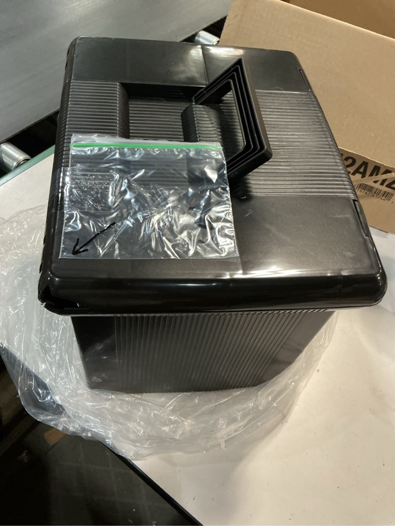 Condition photo showing As Is for Pendaflex Portable File Box with File Rails, Simple Document Storage, File Bin for Home and Office, Hinged Lid with Double Latch Closure, Black, 3 Black Letter Size Hanging Folders Included (41742AMZ) 22 File Folders Black