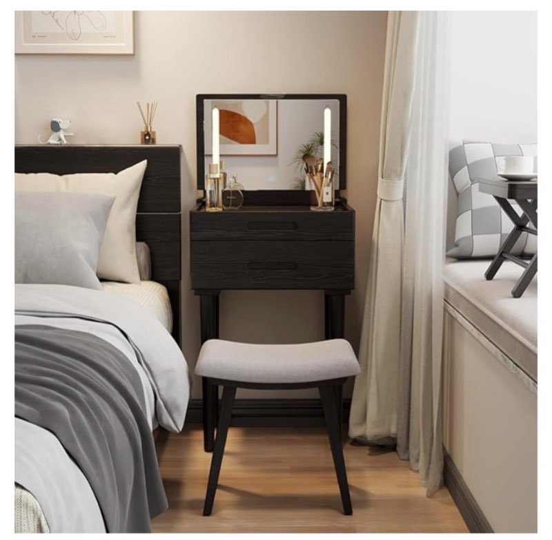 muwuele solid wood small vanity desk with mirror and lights, narrow makeup vanity for small space, f