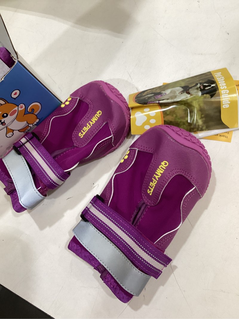 Condition photo showing As Is for qumy dog shoes for large dogs, medium dog boots & paw protectors for winter snowy day, summer hot pavement, water-resistant in rainy weather, outdoor walking, indoor hardfloors skid-resistant sole purple size 8: 3.0''x3.3"(w*l) (pack of 4)
