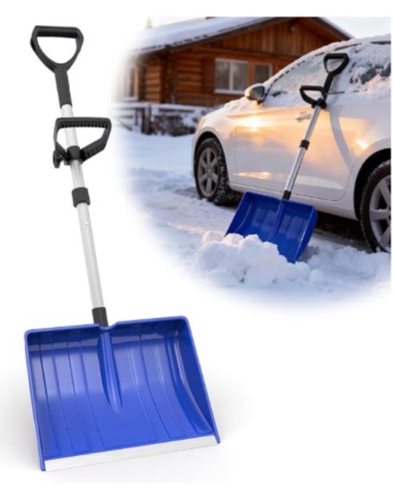 snow shovel for driveway car garage, 48 inch snow removal with d-grip handle aluminum strip, ergonomic heavy duty snow shovel for home garden outdoor, blue