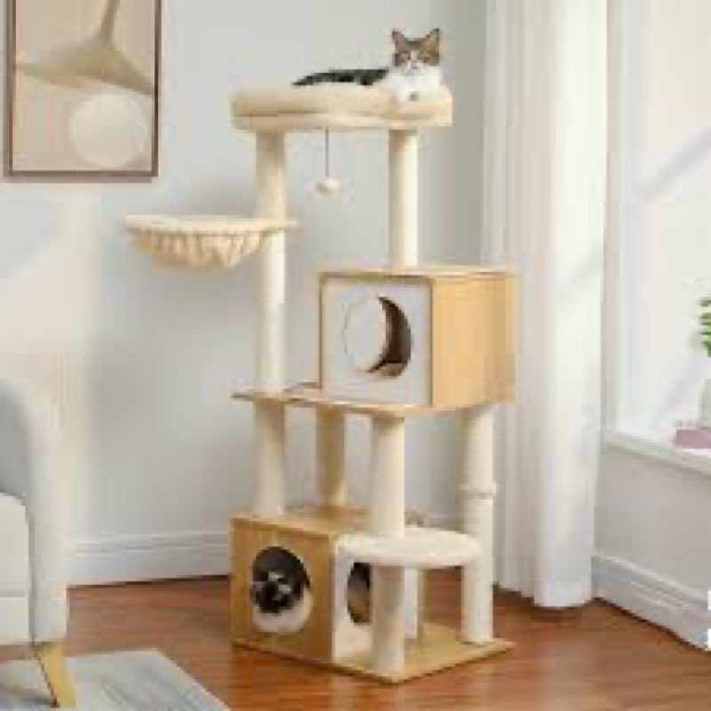 real wood modern cat tower, climbing tower cats tree with scratching post and ball, cat furniture wi