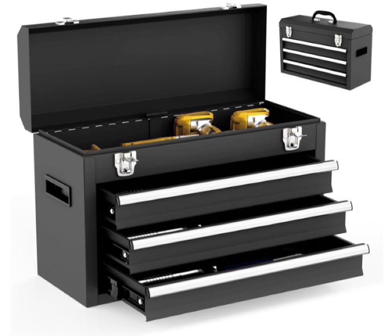 3 Drawer Metal Tool Box, Portable Metal Tool Box with EVC Liners and Latches Closure, Heavy Duty Steel Tool Chest with Ball Bearing Opening and Powder Coated Finish, Black 