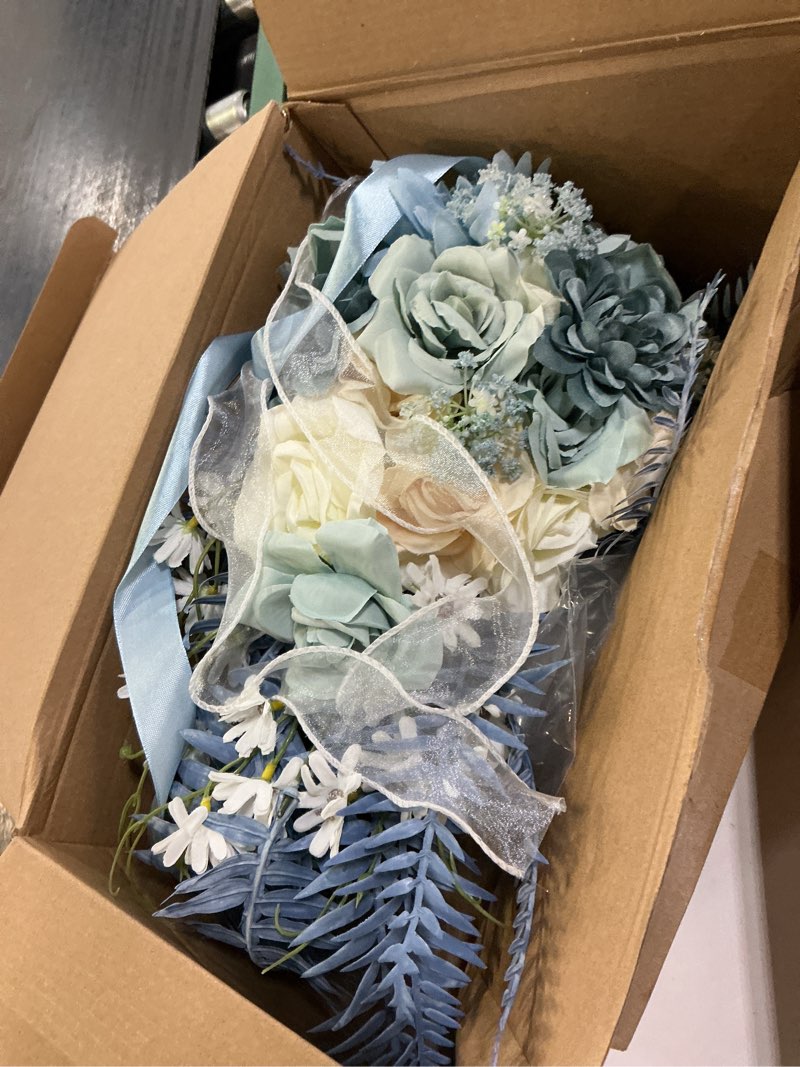 Condition photo showing Good Condition for dusty blue artificial cascading bridal bouquet, wedding bouquets for bride | silk cascading bouquet for boho rustic weddings, photo props & wedding decorations