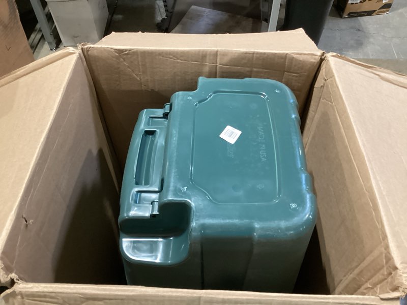 Condition photo showing As Is for ecosolution 32 gallon wheeled outdoor garbage can with attached snap lock lid and heavy-duty handles, eco green, heavy-duty construction, perfect back yard, deck, or garage trash can, pack of 2 eco green 32 gallon - 2 pack wheeled garbage can