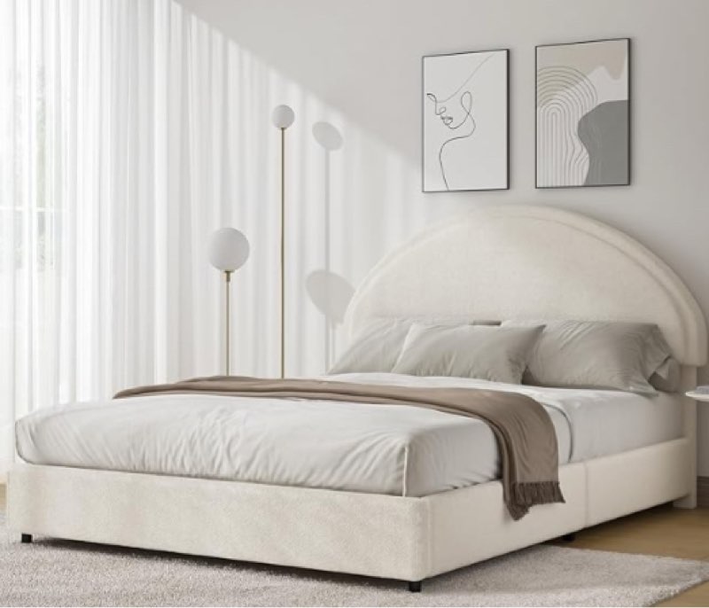 Full Size Bed Frame, Soft Bed Frame with Rounded Corners, Upholstered Boucle Platform Bed Frame with Round Headboard, No Box Spring Required, Easy Assembly, Cream