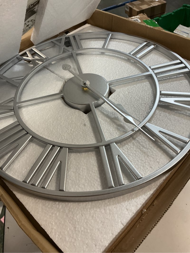 Condition photo showing Good Condition for large wall clock for living room decor - 47cm/ 18 inches silent non-ticking metal wall clocks battery operated, vintage decorative modern wall clock for bedroom, office, farmhouse decor silver 47cm
