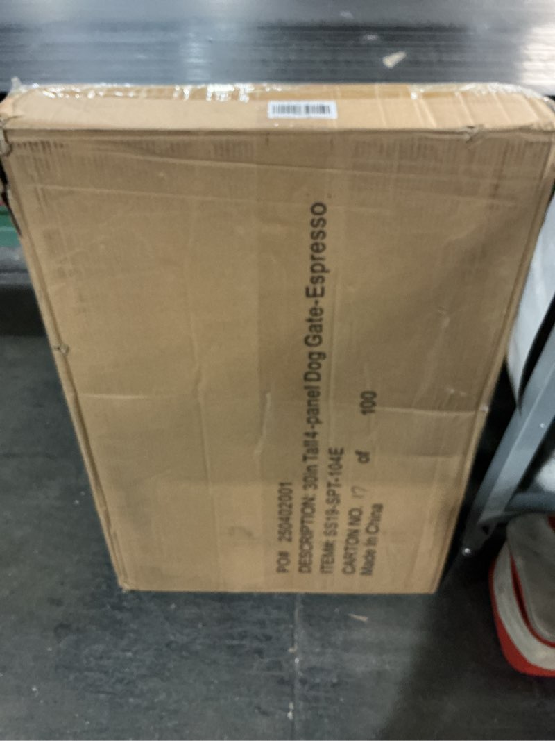 Condition photo showing As Is for Spirich Freestanding Wire Pet Gate for Dogs, 30 inches Tall Dog Gate for The Houes, Doorway, Stairs, Pet Puppy Safety Fence,Set of Support Feet Included (Espresso, 4 Panels) ASIN: B07T8Z8NKL Espresso ?4 Panels?80"W x 30"H