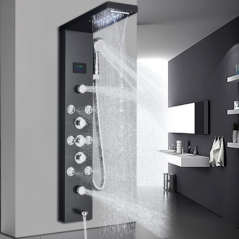 bathroom shower panel tower system led temperature display body massage jets shower set waterfall rain shower head 6 functions temperature