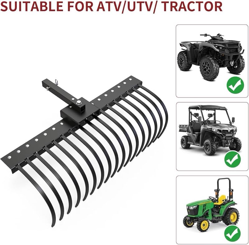 yitamotor 48\" tow behind landscape rake, 2\" receiver lown dethatcher rack with 17 steel tines for at