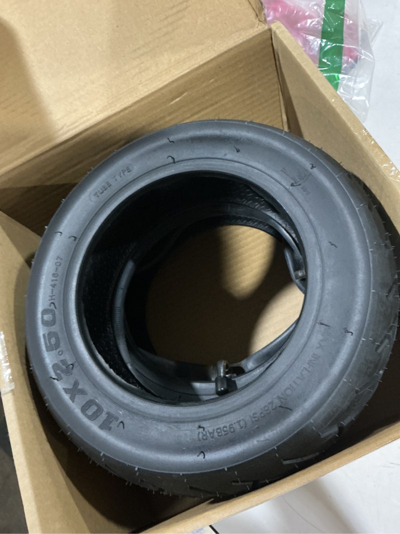 Condition photo showing Good Condition for 10x2.5 scooter tire & tube set: emerk 10 inch wear-resistant pneumatic replacement scooter tires and inner tubes with 90° bent valve and 2 tire levers, fits 6.0" rims (2-pack) 2 tires + 2 tubes