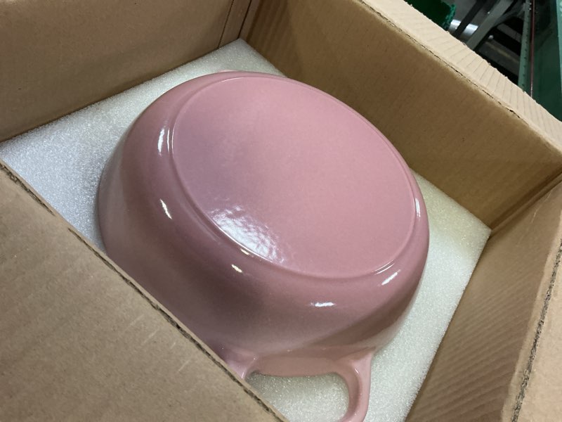 Condition photo showing Good Condition for cast iron dutch oven pot with lid, round bread oven for sourdough bread baking, umite chef enameled cast iron bread oven with dome lid & cotton potholders for sourdough, pink, 6 quarts