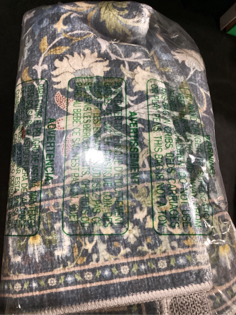 Condition photo showing Good Condition for washable 2x4 entryway area rugs: anti-slip thin kitchen carpet indoor light-weight doormat ultra soft low pile nursery room rug vintage small floor mat for hardwood bedroom (2x4,floral/blue) 2x4 floral/blue