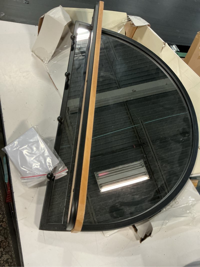 Condition photo showing Good Condition for 24"x15" arch wall mirror with shelf and pegs brown/black - threshold™: modern style, horizontal orientation, includes mounting hardware