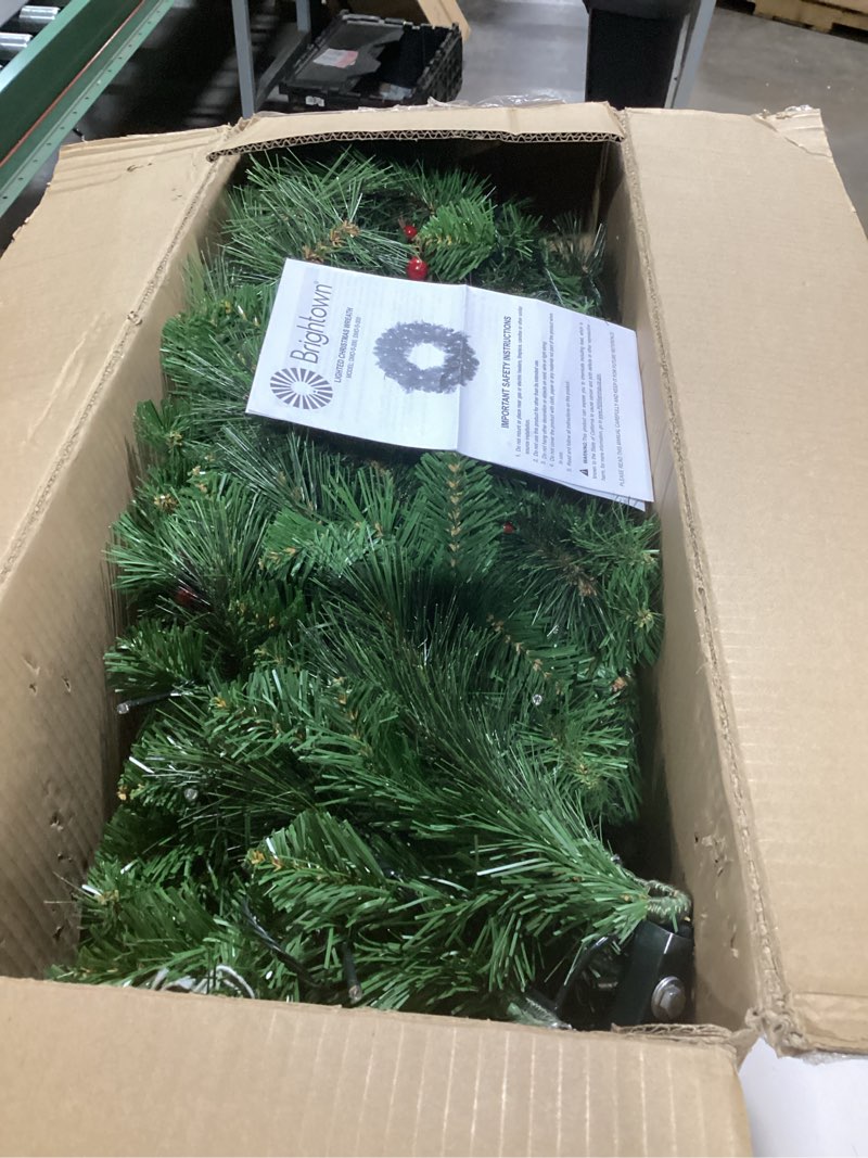 Condition photo showing Good Condition for Brightown 48-inch Large Christmas Wreath with Timer and Memory Function, Featuring 200 Warm White LED Lights, PVC Pine Needles, Leaves, Red Berries and Cones, for Doors, Walls and Mantels, Plug-in Green 48inch