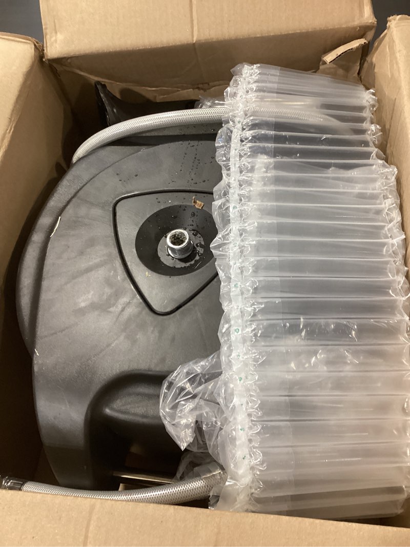 Condition photo showing As Is for retractable garden hose reel, 65ft +6ft 5/8" durable wall mounted water hose reel with 180° swivel bracket, 9 pattern sprayer, 6ft leader hose,smooth automatic rewind, any length lock. 65ft x 5/8"