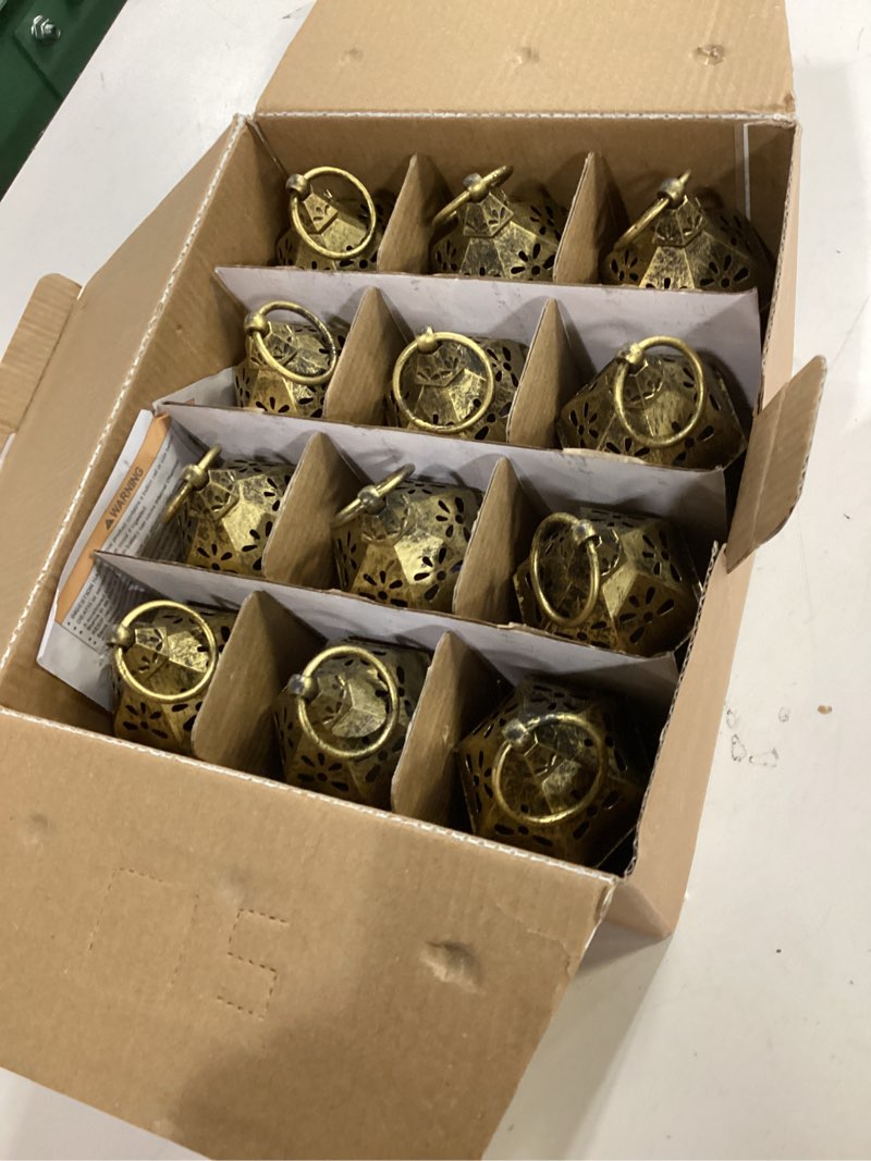 Condition photo showing Good Condition for mini moroccan lanterns with flicker led candles set of 12, gold vintage decorative hanging lanterns for ramadan, christmas, halloween, wedding, party, table centerpiece, abs plastic and glass gold brushed