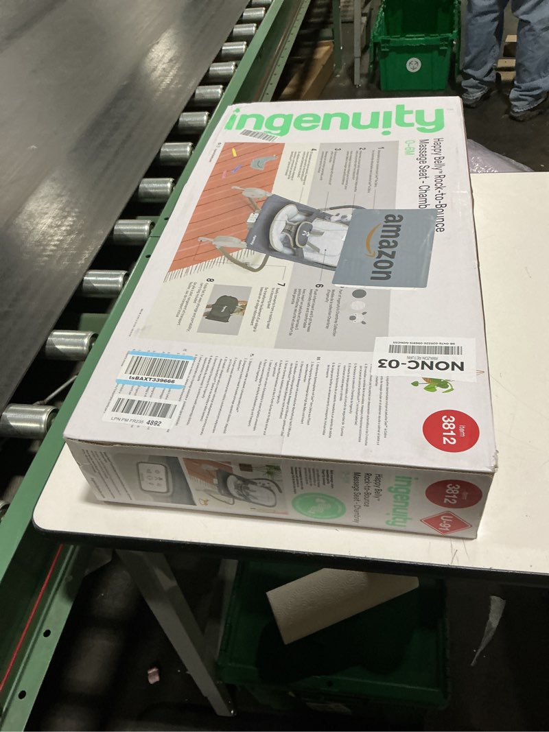 Condition photo showing Good Condition for Ingenuity Gas Relief and Anti-Colic Baby Bouncer Seat and Rocker, Gentle Belly Message to Relax and Soothe Bellies, Instant Tummy Soother, 20 Songs and Melodies – Chambray Blue Blue - Chambray