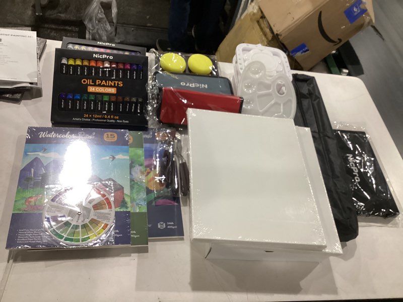 Condition photo showing New/Like New for nicpro 158pcs deluxe art painting kit with metal and solid beech wood easel, acrylic, oil & watercolor paint set, paint brushes, canvas, palette, paper pad, professional art set for adults artist