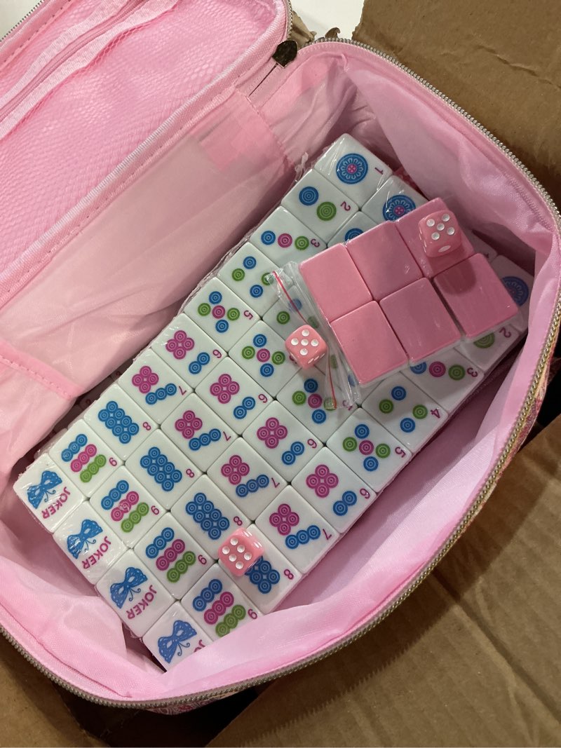 Condition photo showing New/Like New for american mahjong tile set, 166 pink tiles (1.2”), mahjong tile set with carrying bag and other mahjong accessories, cute mini tiles, portable travel complete game set, gift for enthusiasts
