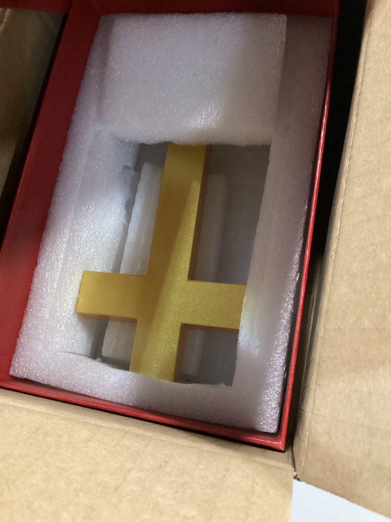 Condition photo showing New/Like New for Hand Blown Glass Cross Sculpture - Golden Christian Decor with John 3:16", Religious Gift for Home/Church, Artistic Blown Glass Ornament Gold John 3:16