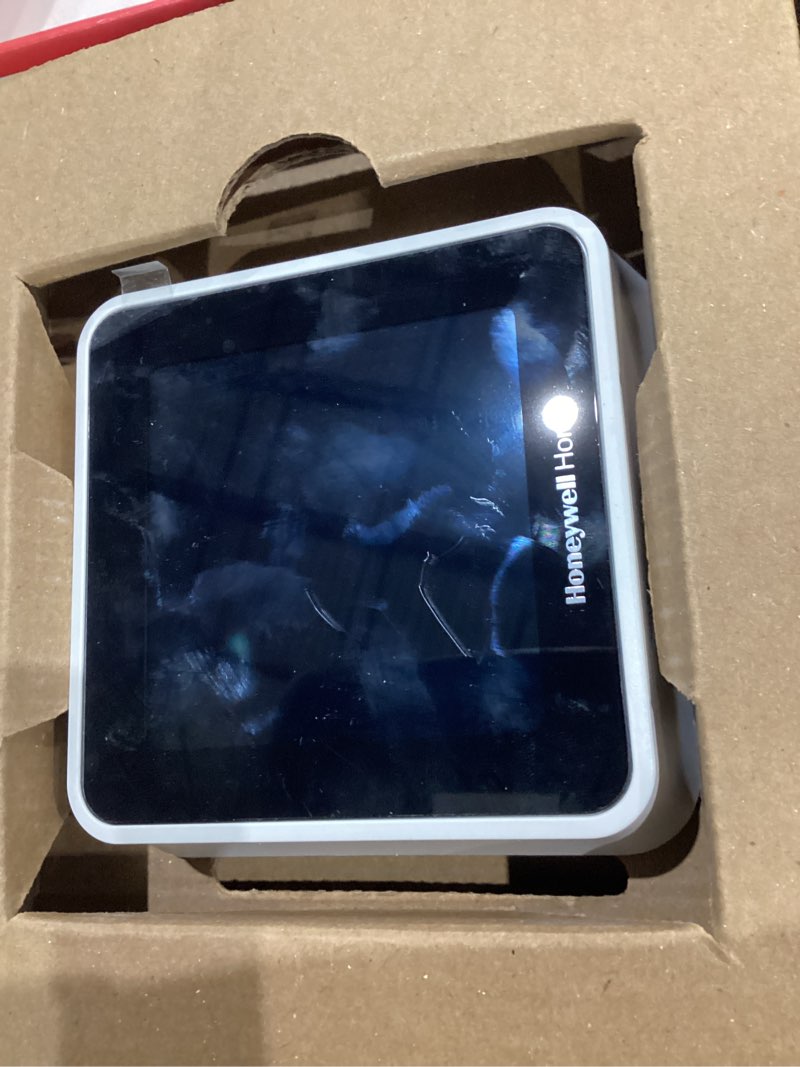 Condition photo showing As Is for honeywell home t5 smart with white bezel thermostat: 1-year warranty, plastic, 4.06" height, no battery required