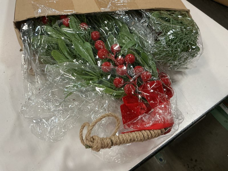 Condition photo showing As Is for 2 Pcs Christmas Teardrop Swag 30'' Mistletoe Artificial Christmas Mailbox Swag Decorative Pine Cedar Holly Berry Hanging Wreath for Cabinet Door Wall Outdoor Holiday Decor (Classic,Red) Classic Red 2