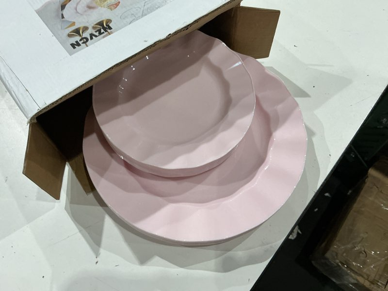 Condition photo showing Good Condition for 60 pcs pink plates, wave edge design disposable plastic plates for 30 guests, fancy wedding party dishes 7 inch dessert plate and 10 inch dinner plate for party, bridal shower