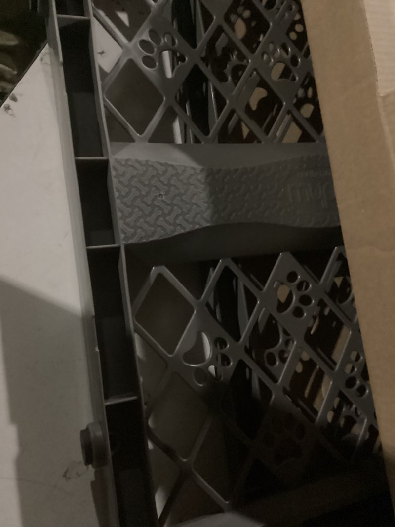 Condition photo showing New/Like New for mypet north states paws portable pet gate: 26-40" wide. pressure mount. no tools needed. made in usa, 23" tall, expandable, durable dog gates for doorways, fieldstone gray