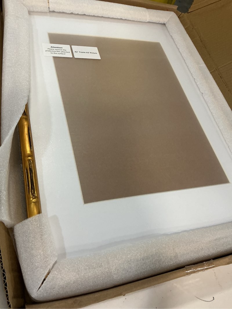 Condition photo showing Good Condition for ArtXO A2 Picture Frame Wooden, Display Pictures A3 with Mat or A2 Without Mat,Gold Bamboo Poster Frames,Hanging Photo Frame Wall A2 Gold12(wide:19mm)