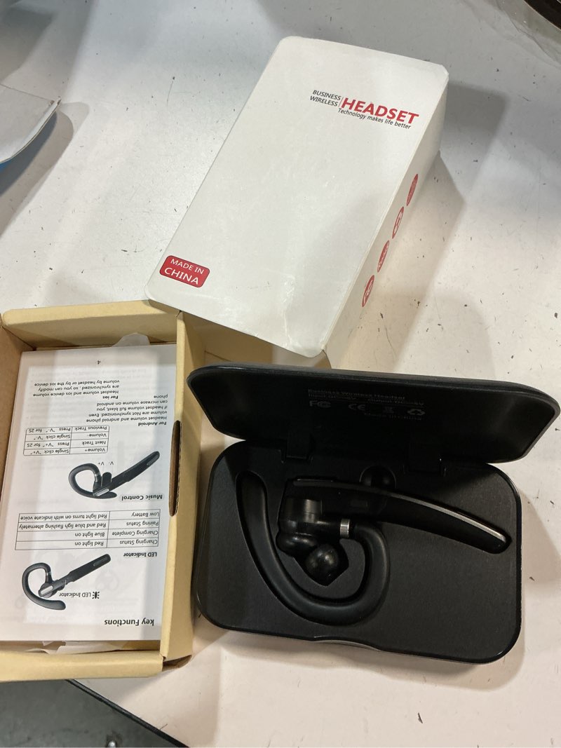 Condition photo showing New/Like New for bluetooth headset, wireless bluetooth earpiece v5.0 hands-free earphones with built-in mic for driving/business/office, compatible with iphone and android (gray)