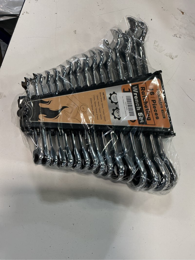 Condition photo showing New/Like New for 16-Piece Ratcheting Wrench Set, Combination Wrench Set, with Organizer, MM/Metric Max 120-tooth Chromium Vanadium Combination Wrench