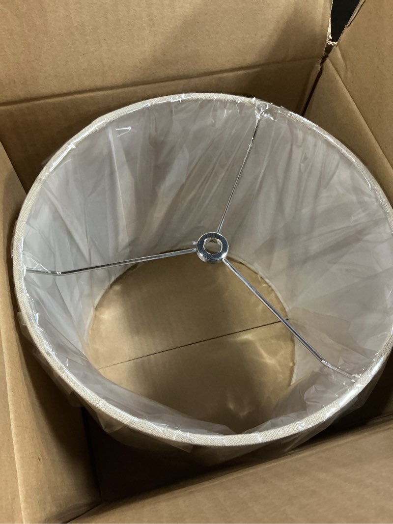 Condition photo showing New/Like New for 10" wx 10" h drum lampshades, no assembly required, fabric lampshade for table lamp, bedside lamp, floor lamp, metal spider fitter, beige beige 10" wx 10" h