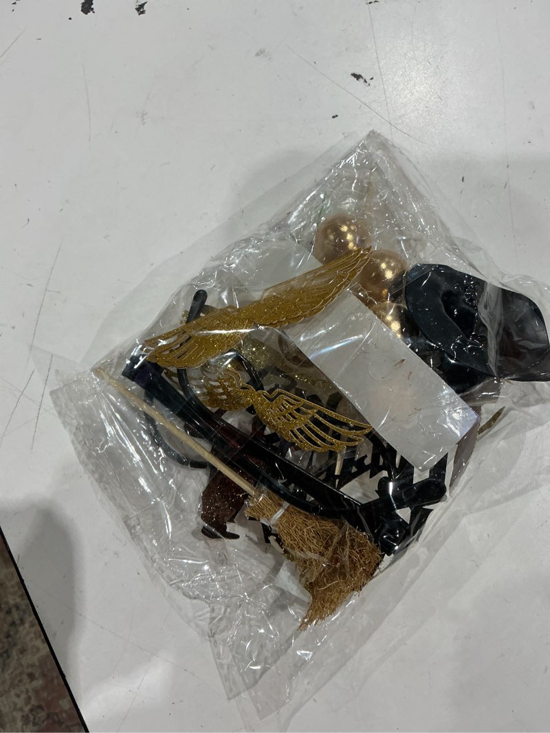 Condition photo showing Good Condition for wizard cake topper 14pcs magical wizard themed cake decorations gold ball cupcake cake picks with glasses wings hats for halloween birthday magical school party supplies 2
