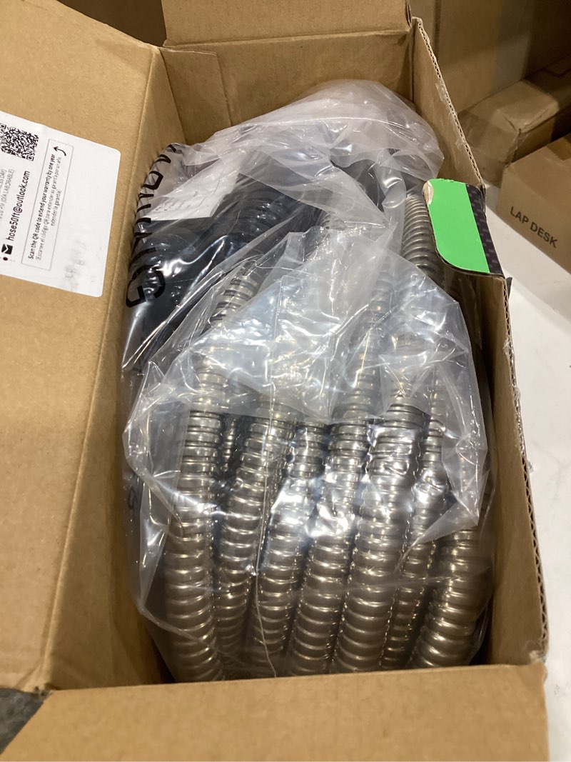 Condition photo showing Good Condition for garden hose 50ft, heavy duty stainless steel water hose with 10 functional nozzles, no kink, lightweight and flexible, easy to use and store, strong and sturdy, suitable for yard and lawn