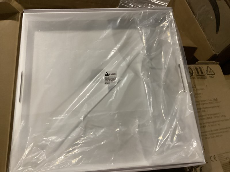 Condition photo showing New/Like New for 22×22 Inches Oversize Extra Large Sturdy Glossy White Acrylic Serving Tray King Size Decorative Big Ottoman Trays with Cut Out Handles Water Proof Bed Tray Coffee Counter Top Organizer Glossy White 22×22 Inch