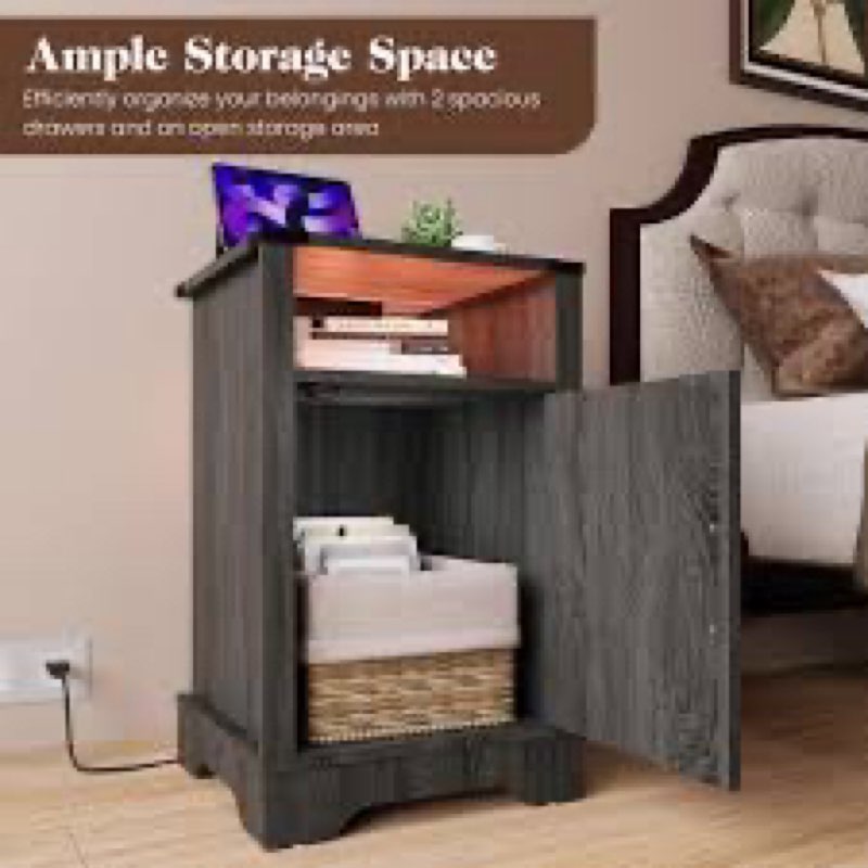 FansaFurn LED Nightstand with Charging Station, Bedside Table with Storage Cabinet and Shelf, Rustic
