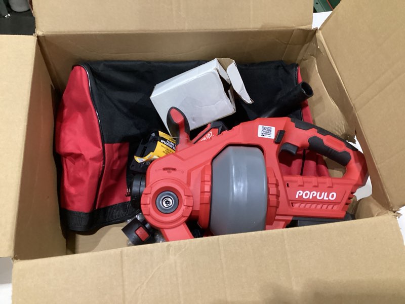 Condition photo showing As Is for POPULO 20V Cordless Electric Drain Snake, 25Ft Replaceable Cable with 2.0Ah Battery, Extension Tube & Charger, Snake Drain Clog Remover Tool for Toilet, Floor Drain, Sink and Shower 3/4"-2" Pipe Iteration model