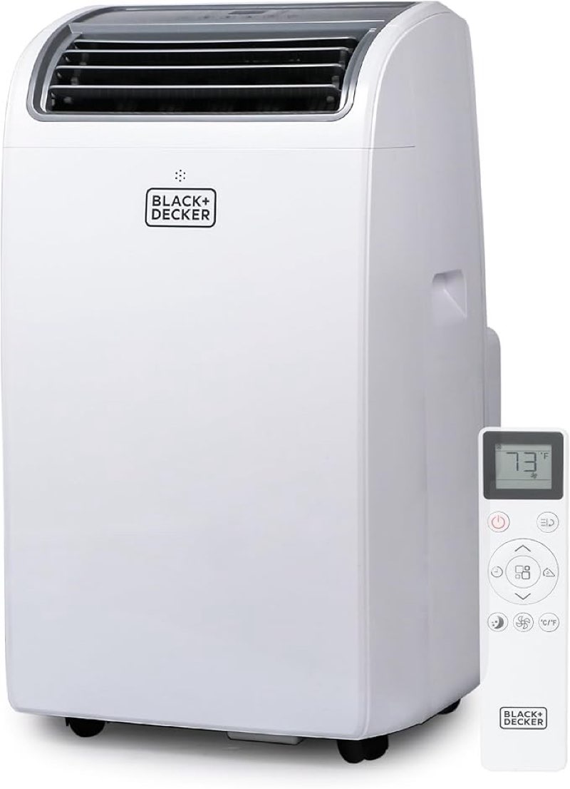 black+decker 14000 btu portable air conditioner unit + 11000 btu heater, remote, led display, window vent kit, 4 caster wheels, white