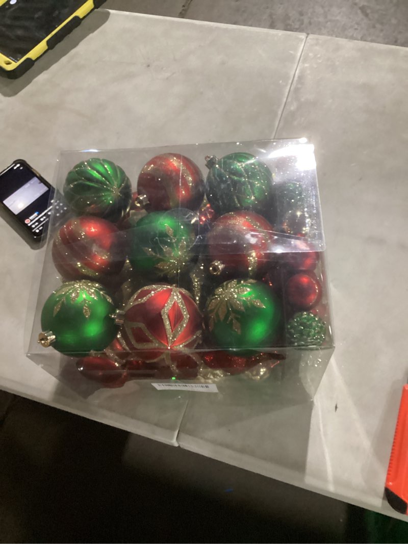 Condition photo showing New/Like New for 100pcs christmas ornaments set red & green â€“ shatterproof xmas tree decorations balls kit with tree topper star, tinsel garland, hanging baubles for holiday party dã©cor indoor outdoor red green gold #100ct